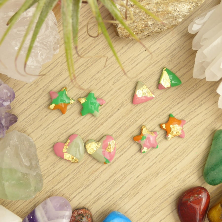Green Pink Orange and Gold Stud Earrings in Polymer Clay and Gold Foil