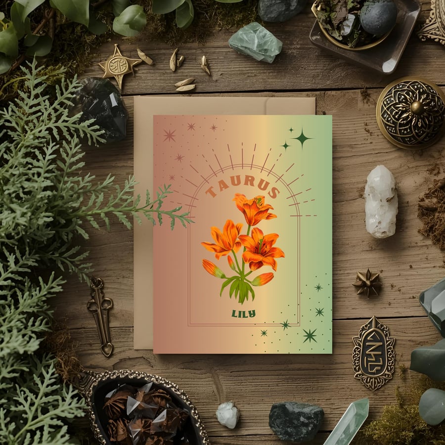 Taurus Zodiac Flower Card. Lily. Birthday Card for Apr 20 – May 20,