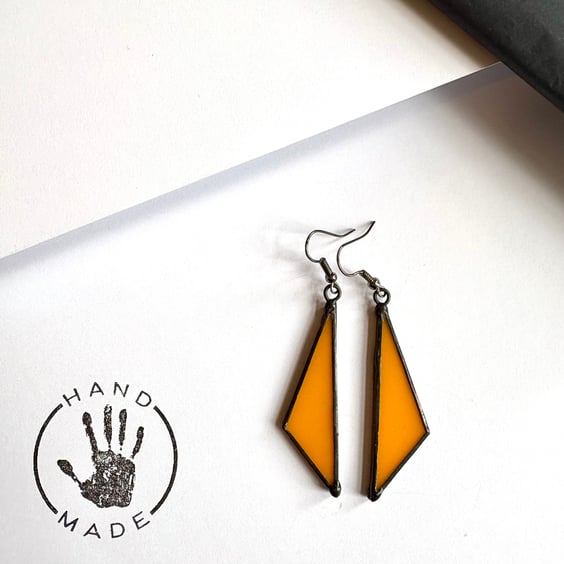 Marigold yellow stained glass statement dangle earrings, Gifts for her