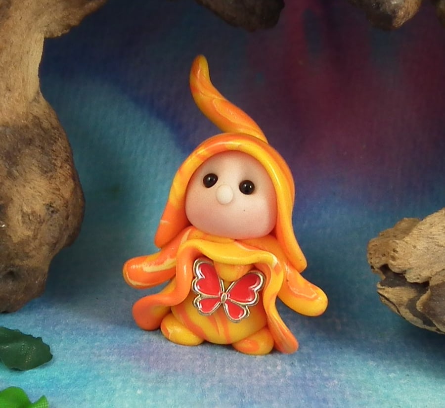 Tiny Garden Gnome 'Papillon' with butterfly 1.5" OOAK Sculpt by Ann Galvin