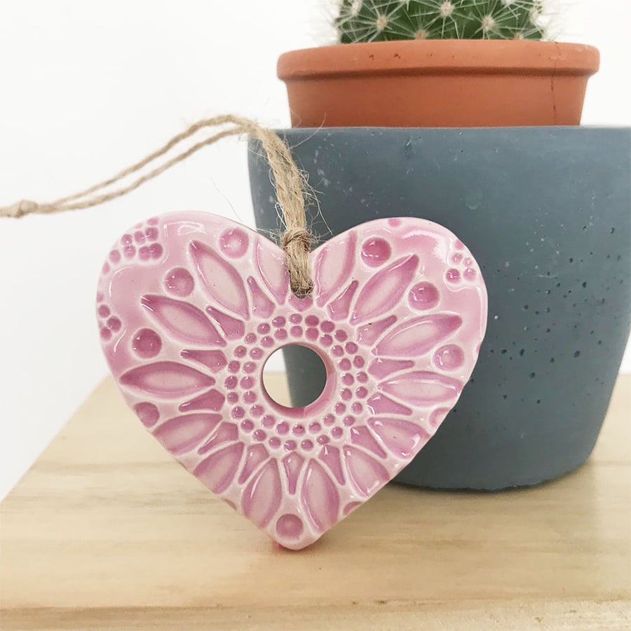 Small Ceramic heart hanging decoration Pottery Heart Folk art Pink