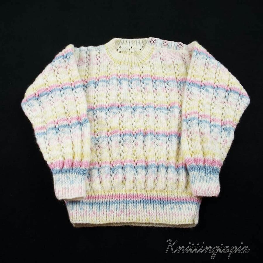 Hand knitted baby girls stripy jumper 2 - 3 years 26 inch chest
