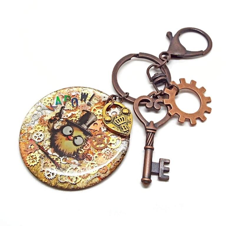 Steampunk Bag Charm or Keyring with Bird in Top Hat