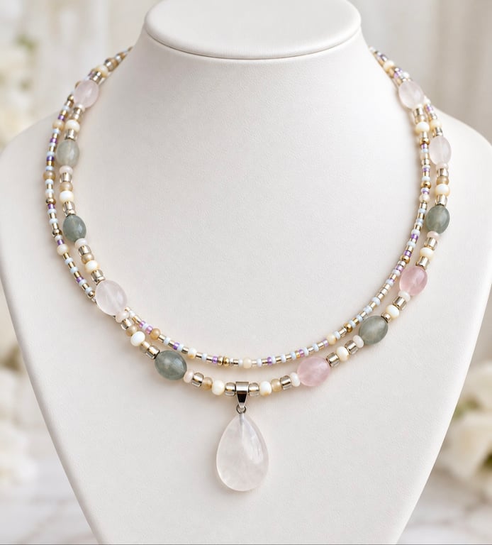 Handmade Aventurine and Quartz Double Strand Necklace with Pink Teardrop Pendant