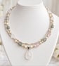 Handmade Aventurine and Quartz Double Strand Necklace with Pink Teardrop Pendant - Image 1