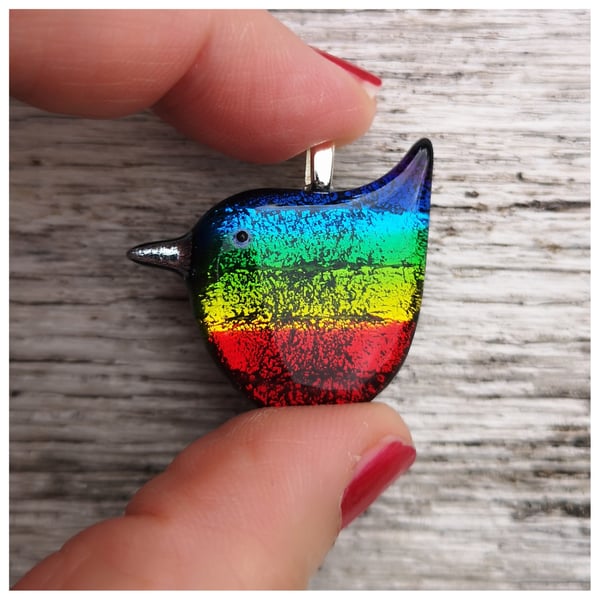 dichroic glass 'Rainbow Wren of Hope' bird pendant