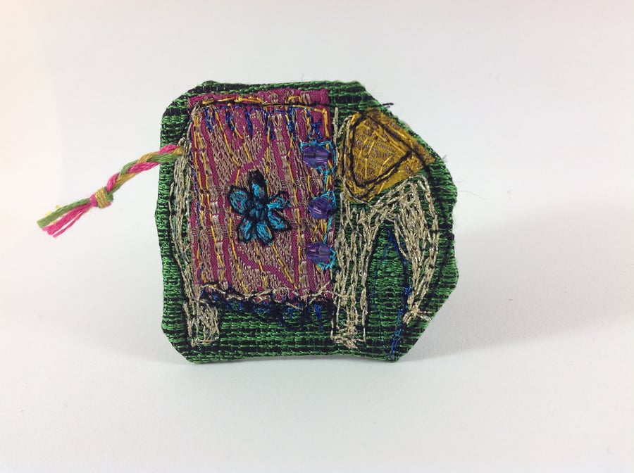 Textile Art Elephant Brooch. Green.