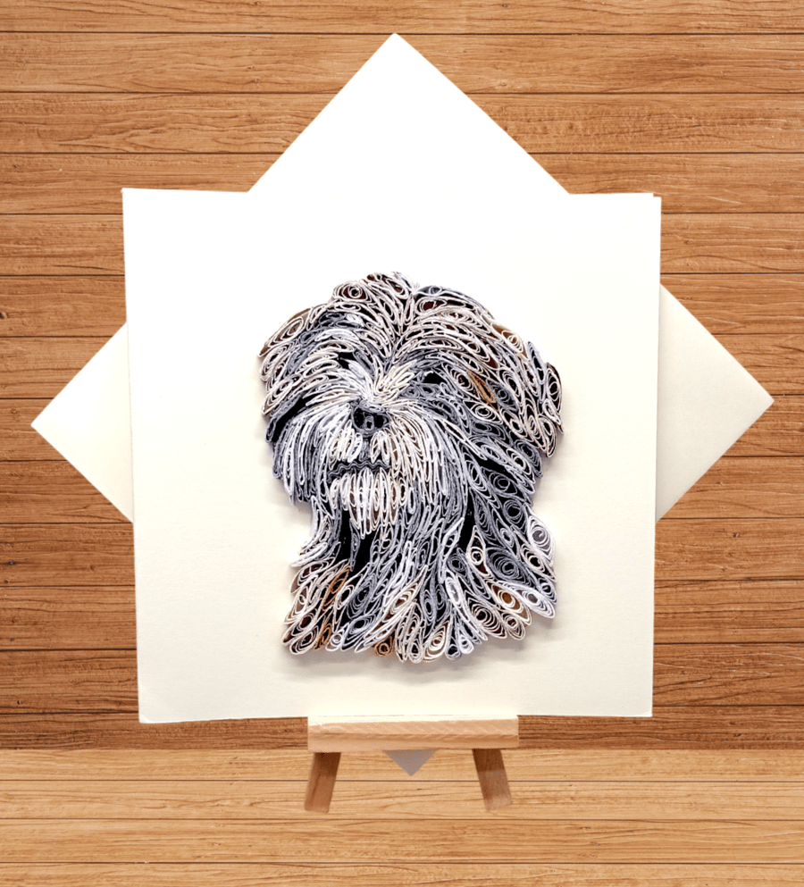 Sweet quilled Tibetan terrier open greetings card art