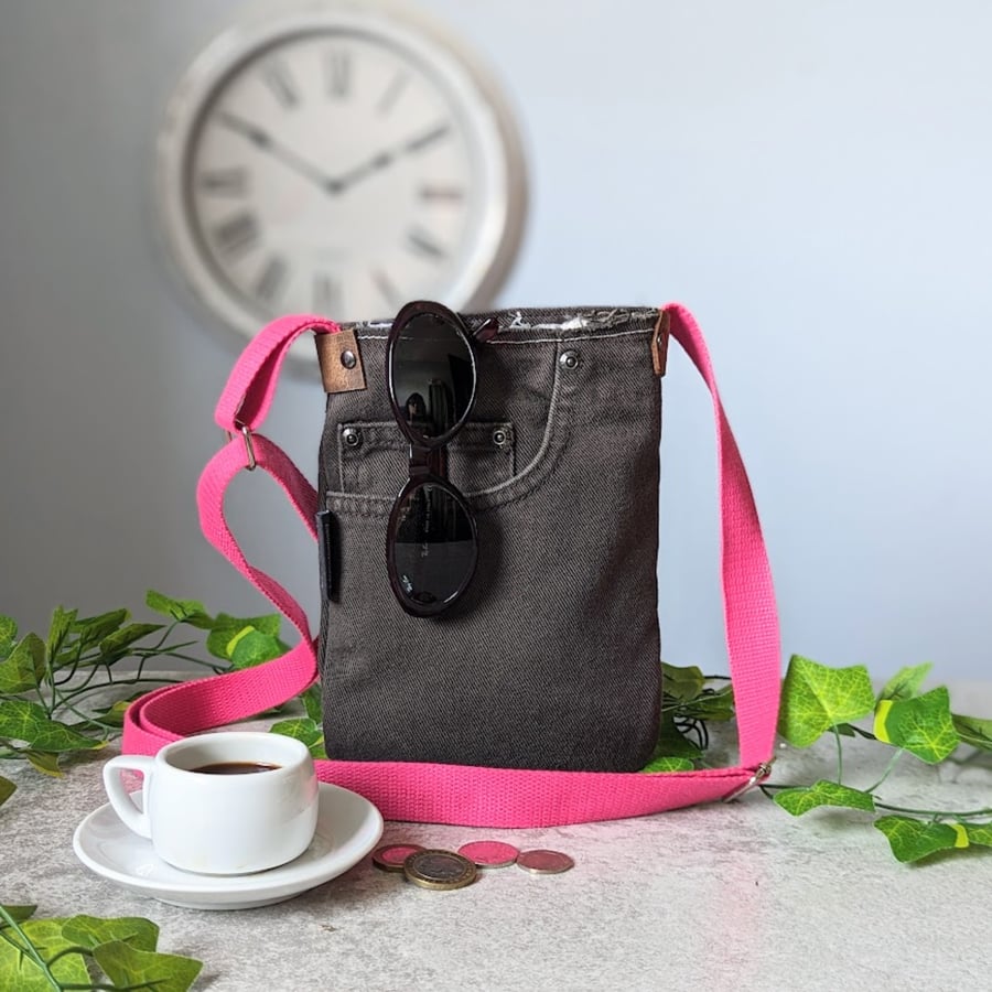 Brown Recycled Denim Phone Bag - Mini Cross Body Bag