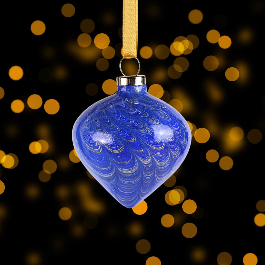 Ceramic Christmas bauble blue and gold nonpareil drop shape hand marbled
