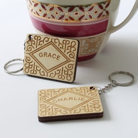 Personalised Wood Wooden Custard Cream Biscuit Keyring