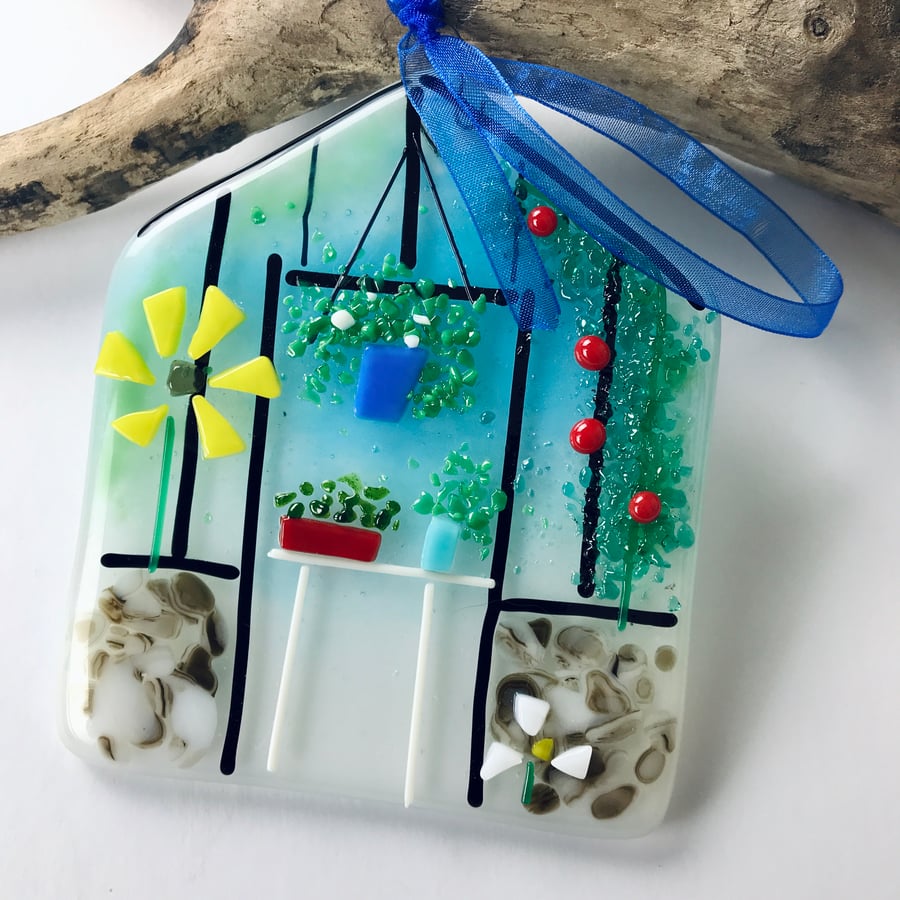 Greenhouse ornament, fused glass, gift for gardener