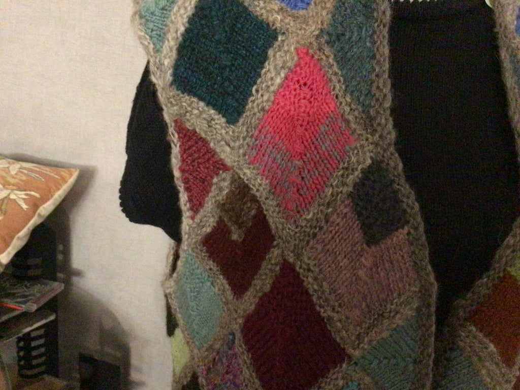 Hand spun and hand knitted long gilet