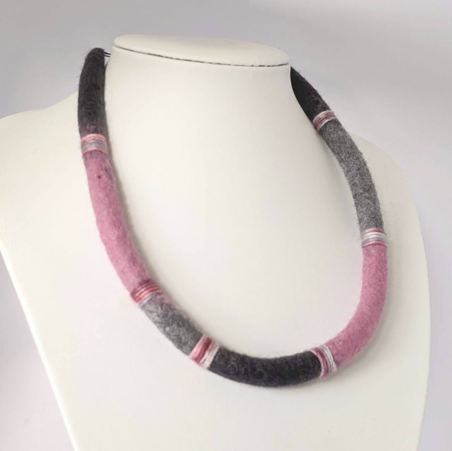 Felted cord necklace - shades of greys and pink