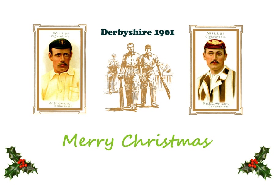 Christmas card cricket vintage 1901 design. Derbyshire.  FREE UK P&P
