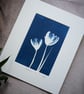 cyanotype print: "Tulips". Original, one of a kind, mounted ready to frame.