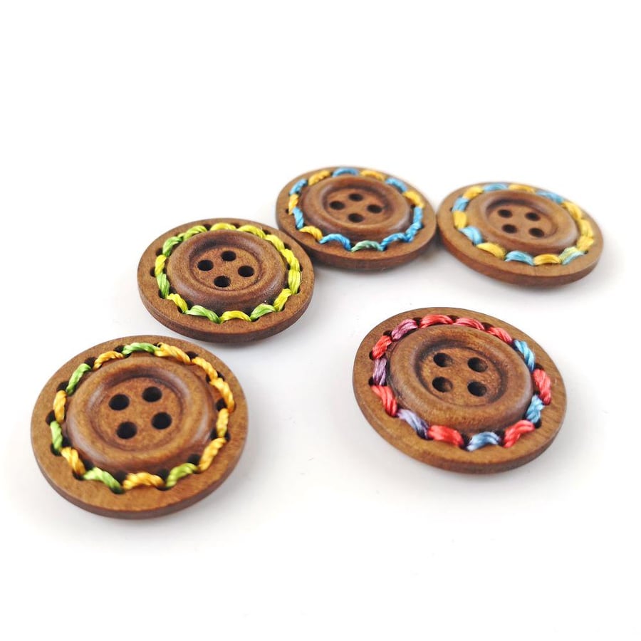 MixedBrown Round Wood Buttons - 25mm, 4-Hole - Packet of 5x for Sewing and Craft