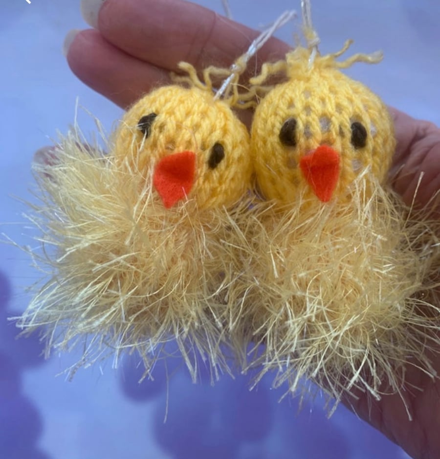 Knitted Easter chick hanging decorations , two 