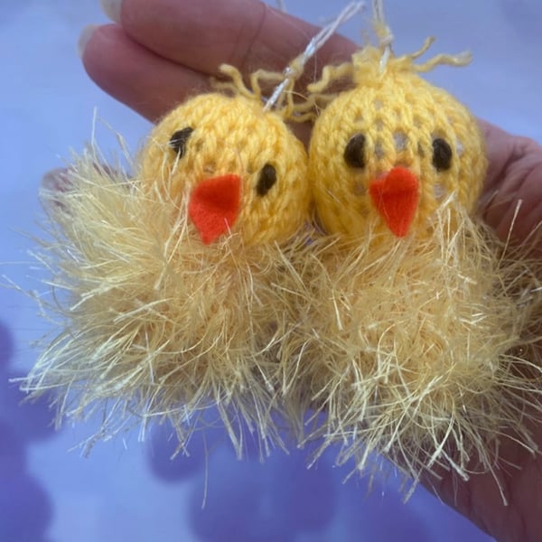 Knitted Easter chick hanging decorations , two 