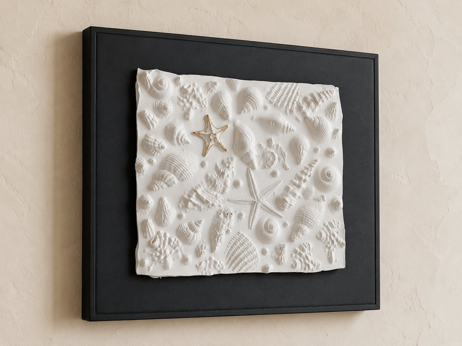 Seashell Plaster Wall Art, Handmade Coastal Bas Relief, Black Framed Starfish