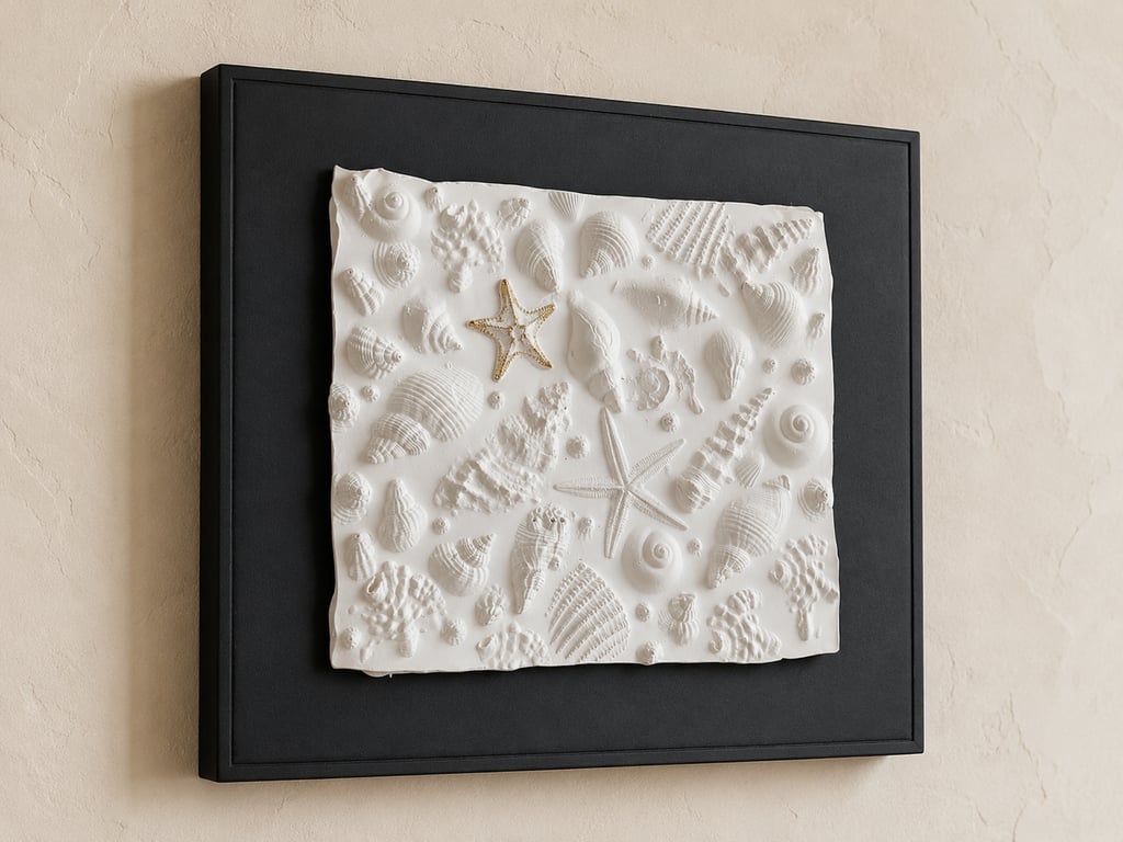 Seashell Plaster Wall Art, Handmade Coastal Bas Relief, Black Framed Starfish