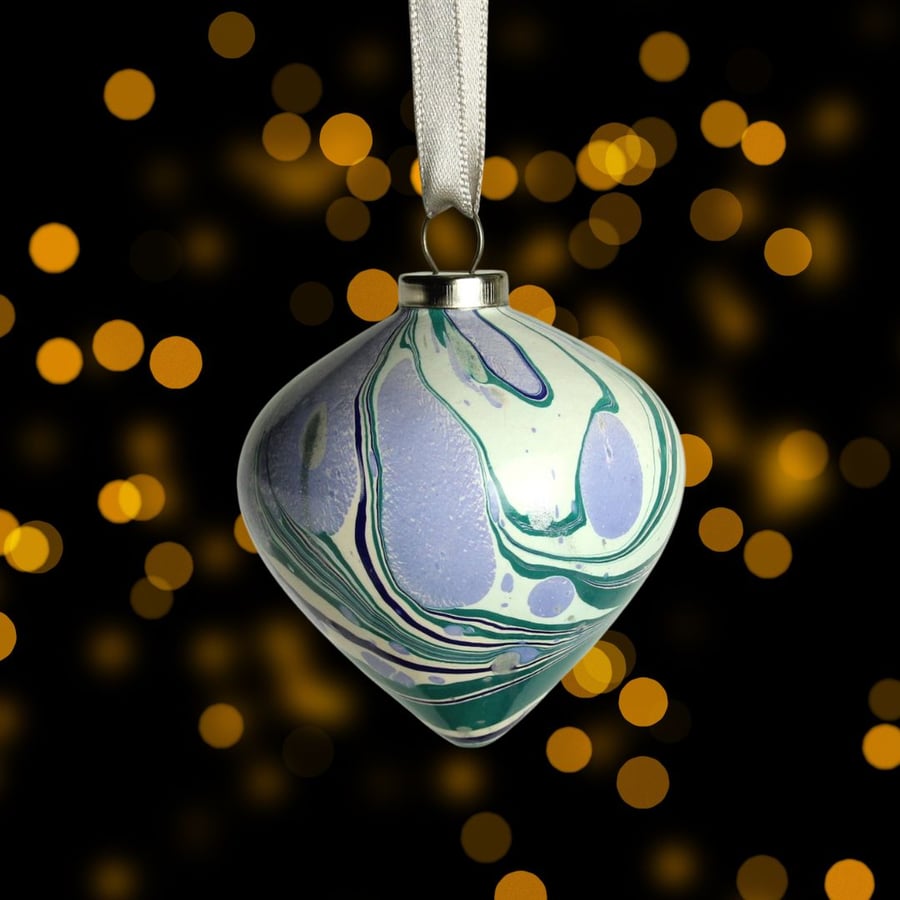 Hand marbled Christmas drop shape bauble ornament