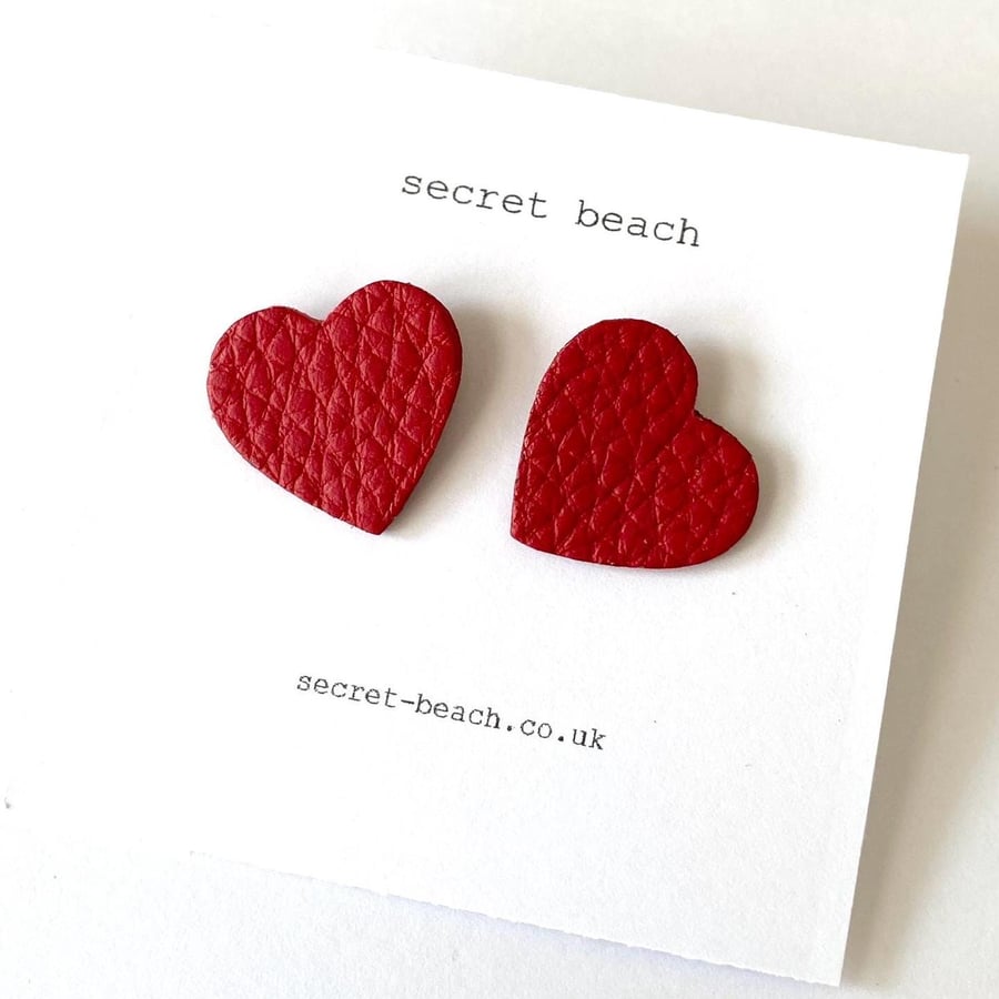 Leather Heart Stud Earrings - Red