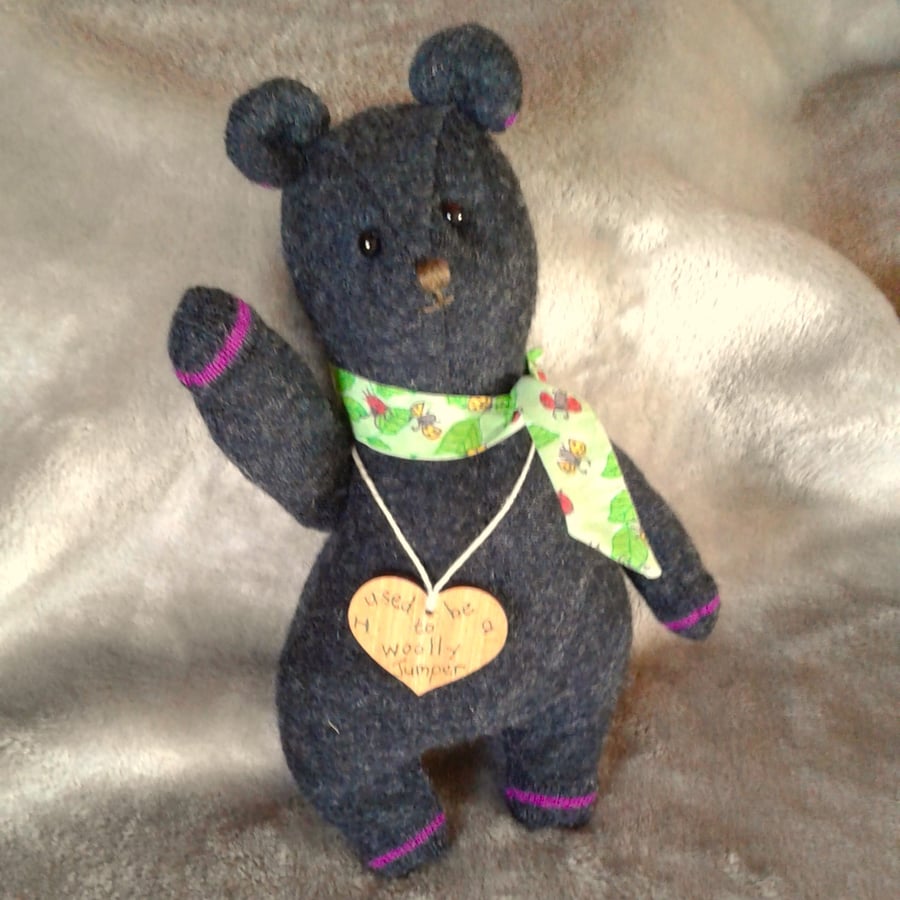 Teddy bear from repurposed charcoal grey woolly jumper with ladybird neckerchief