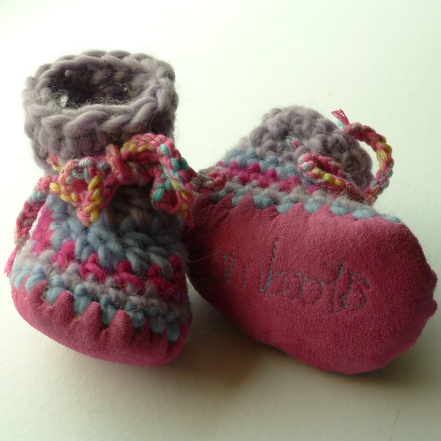 Wool & leather baby boots - pink, lilac & blue - 3-6 months