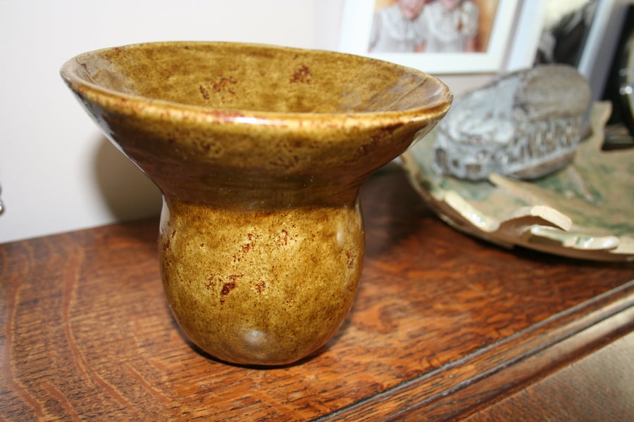 Handmade coiled stoneware honey glazed ceramic decorative pot 