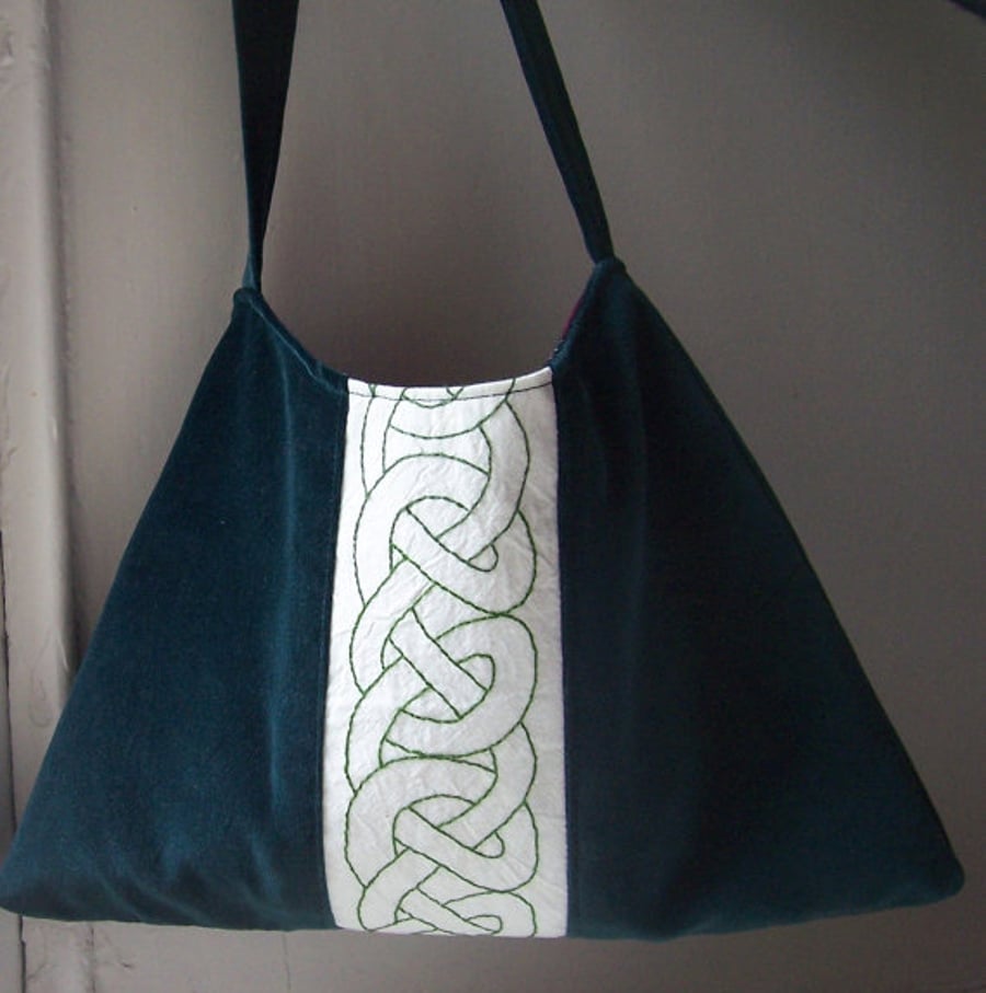 Soft hand embroidered celtic knot bottle green velvet shoulder bag