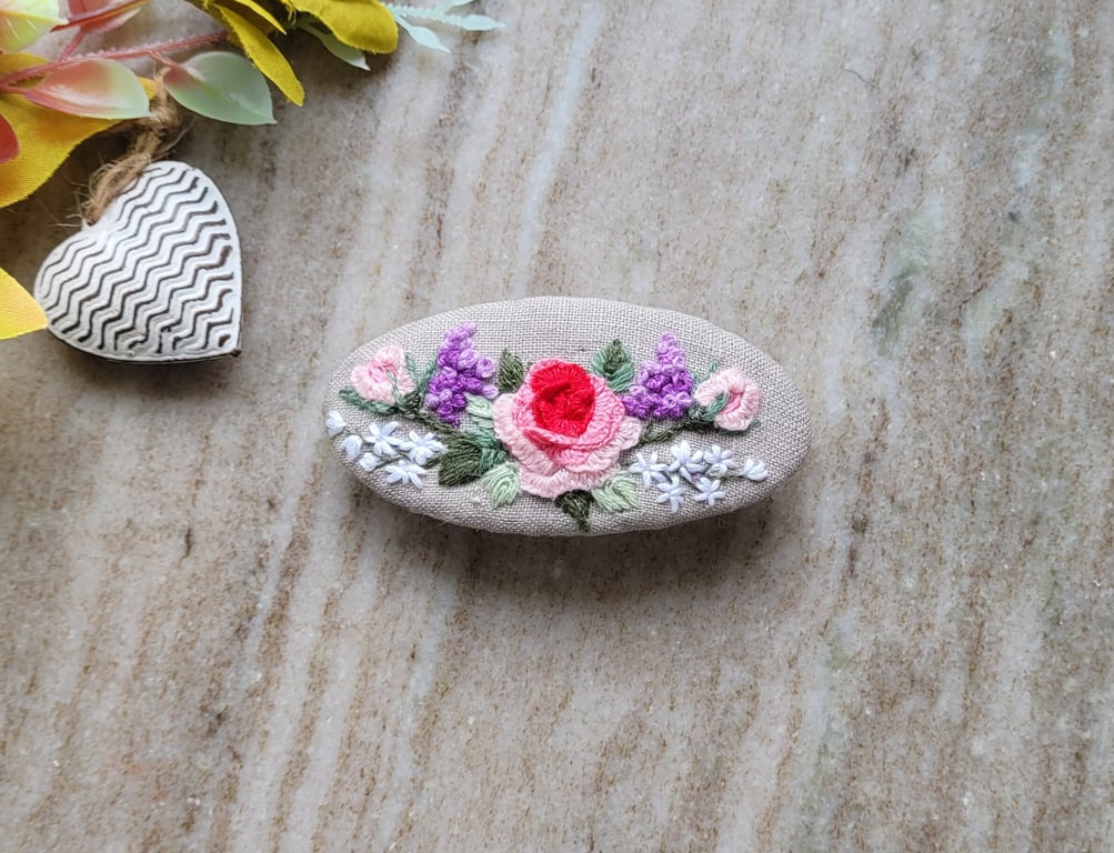 vintage roses hair barrette,  hand embroidered clip, pure linen, hand crafted