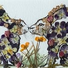Oshibana KISSING HARES Flowers Greetings Card from an Original Artwork