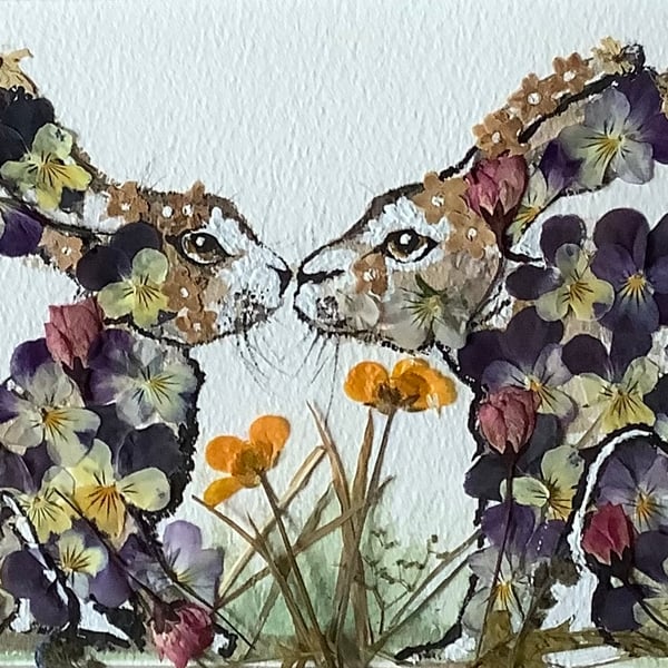 Oshibana KISSING HARES Flowers Greetings Card from an Original Artwork