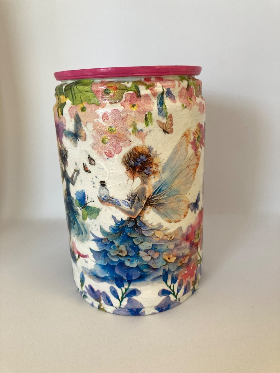 Butterflies with Fairies Blue Pink and White upcycled Coffee Bean Can