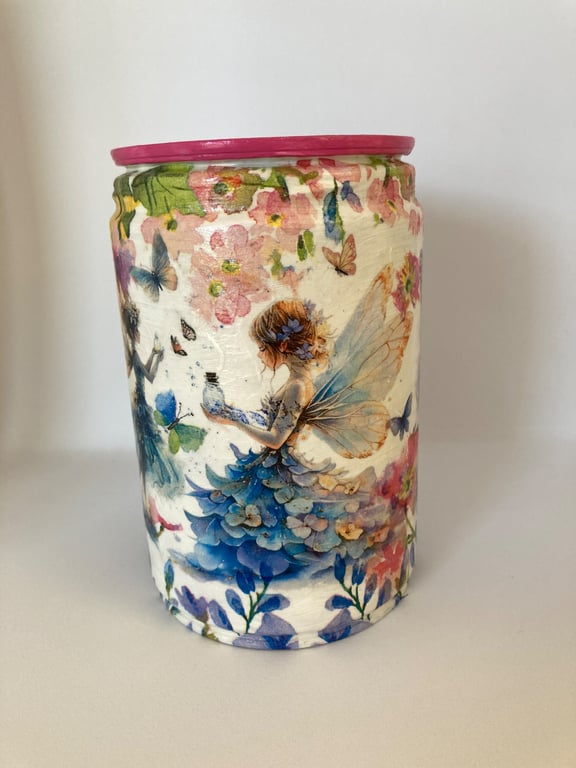 Butterflies with Fairies Blue Pink and White upcycled Coffee Bean Can