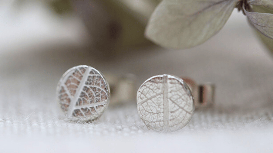 Tiny Recycled Silver Leaf Pattern Stud Earrings, gift for nature lover