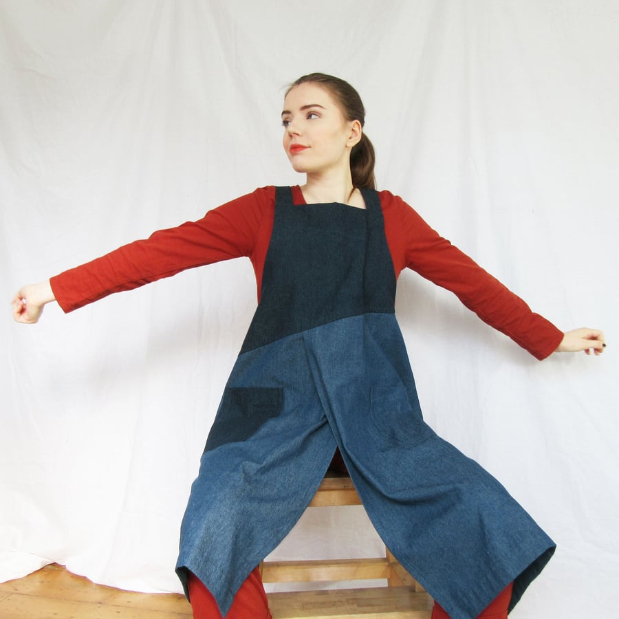 Mixed Denim Apron with Split Leg, Asymmetric Bib and Crossback Straps No4:6