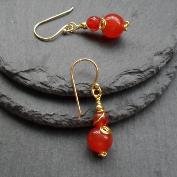 Orange Quartz and Agate Drop Earrings Gold Plate