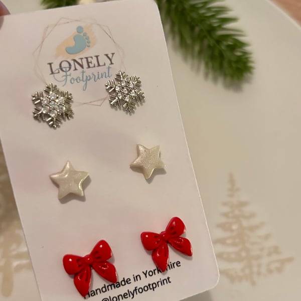Bow, Star and Snowflake Studs Polymer Clay Earrings - Handmade Jewellery 