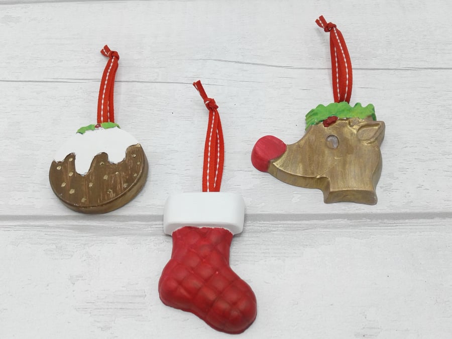 Christmas decorations. Ceramic decorations. Set of 3. Pudding. Stocking. Rudolph