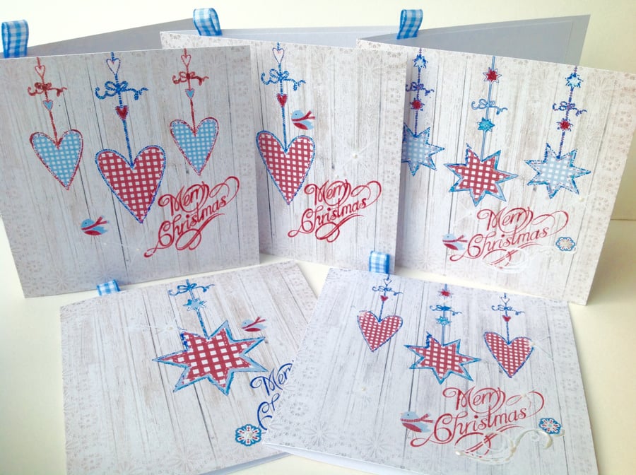 Christmas Cards,Pack of Five,'Winter Gingham 'Handmade Xmas Cards,Personalised 
