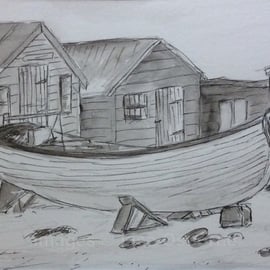 Fishing boat with huts. Original pen, ink and watercolour. Coast. Sea