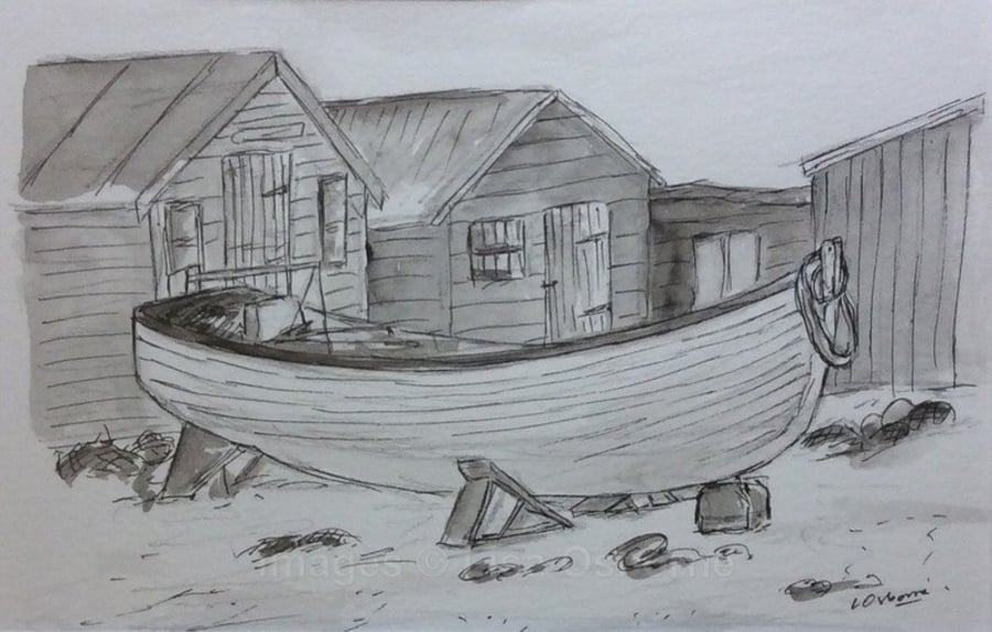 Fishing boat with huts. Original pen, ink and watercolour. Coast. Sea