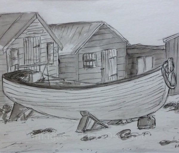 Fishing boat with huts. Original pen, ink and watercolour. Coast. Sea