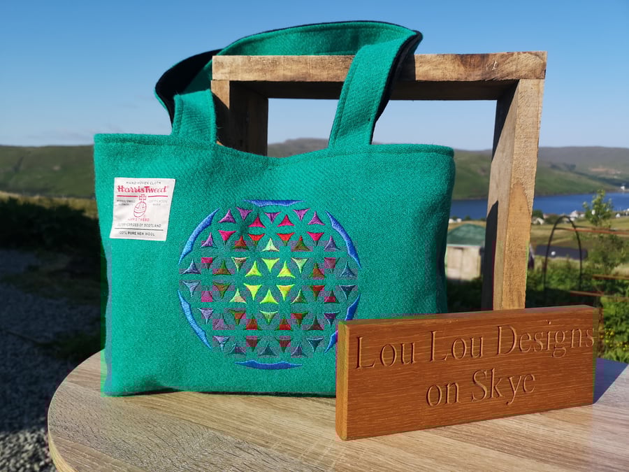 Vibrant Harris Tweed Shopper bag with Embroidered Sacred Geometry Mandala 
