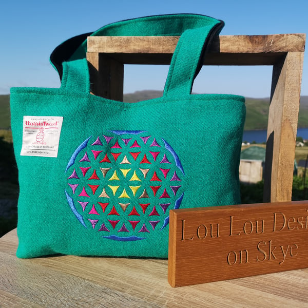 Vibrant Harris Tweed Shopper bag with Embroidered Sacred Geometry Mandala 