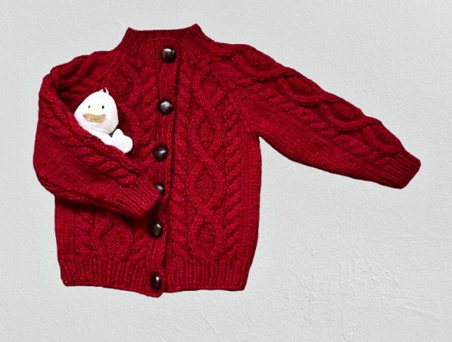 Hand Knitted Cable Pattern Cardigan- Age 2 - 3 years- Red Wool Blend Yarn