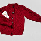 Hand Knitted Cable Pattern Cardigan- Age 2 - 3 years- Red Wool Blend Yarn