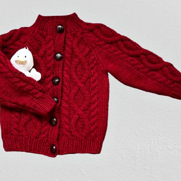Hand Knitted Cable Pattern Cardigan- Age 2 - 3 years- Red Wool Blend Yarn